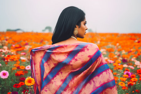 Beautiful indian woman in traditional sari at poppy field.の素材