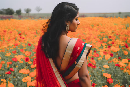Beautiful indian woman in saree on field of blooming poppiesの素材