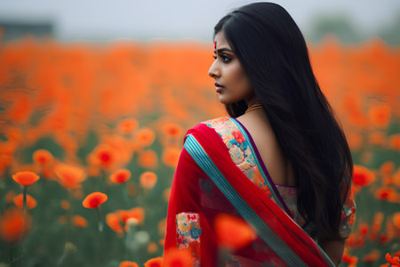 Beautiful indian woman in saree and sari at poppy fieldの素材
