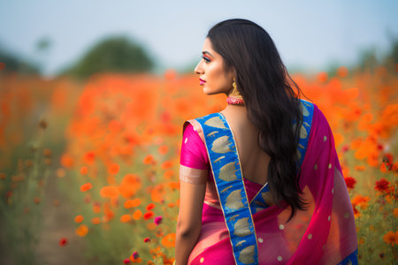 Beautiful indian woman in saree on the field of poppiesの素材