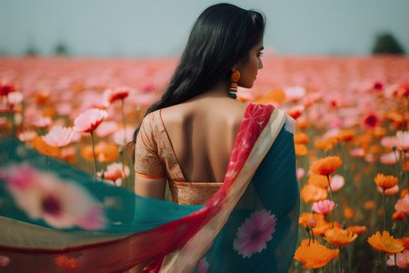 Beautiful asian woman in a field of poppies.の素材