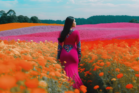 Beautiful asian woman in a pink dress standing in the field of flowersの素材
