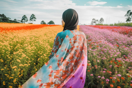 Muslim woman wearing traditional clothes walking in cosmos flower field, Thailand.の素材