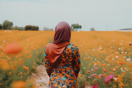 Young muslim woman wearing traditional dress standing in a field of orange cosmos flowersの素材