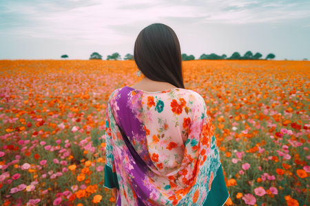 Beautiful asian woman wearing traditional clothes walking in poppy field.の素材