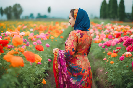 Beautiful young muslim woman in traditional dress and veil standing in the field of flowersの素材