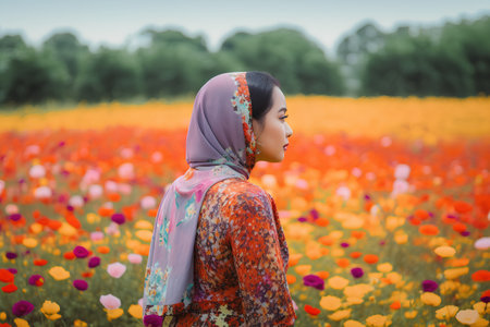 Portrait of a beautiful asian muslim woman in the flower fieldの素材