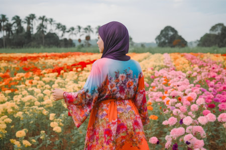 Hijab woman standing in the field of beautiful colorful flowers.の素材