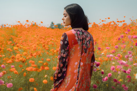 beautiful indian girl in saree on the field of poppiesの素材