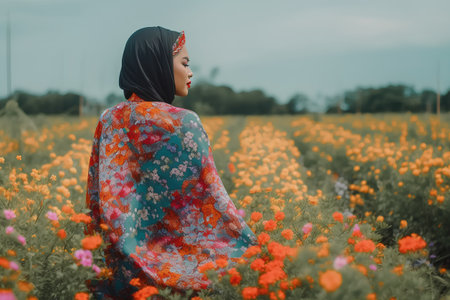 Beautiful muslim woman wearing sari in the field of flowersの素材