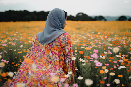 Hijab woman in cosmos flower field with vintage color tone.の素材