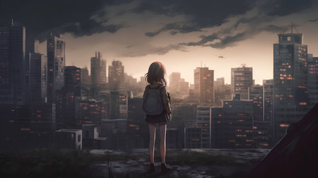 Back view of a young woman standing on the edge of a cliff and looking at the city.の素材