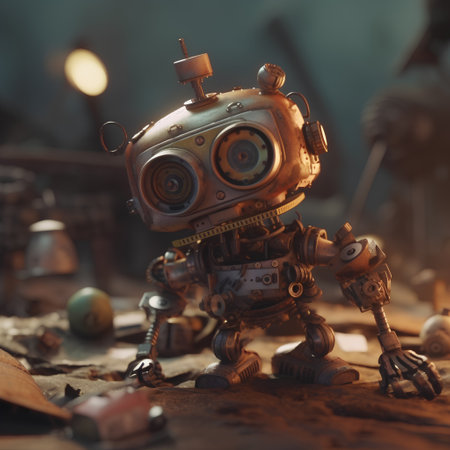 Vintage tin robot toy on the background of the old factory.の素材