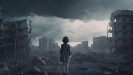 Woman standing in front of destroyed building, concept of disaster and disasterの素材