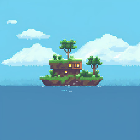 Pixel art retro videogame scene with island, trees and clouds.の素材