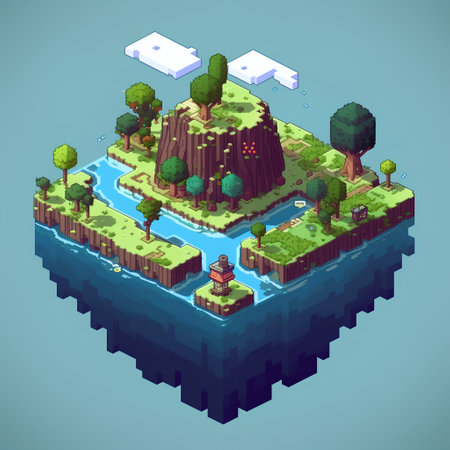 isometric island with trees and lighthouse in the middle of the waterの素材