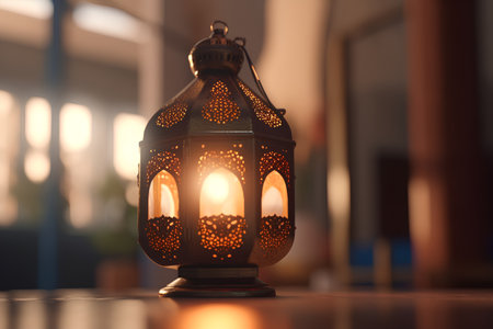 Arabic lantern at night, Ramadan Kareem greeting card, selective focusの素材