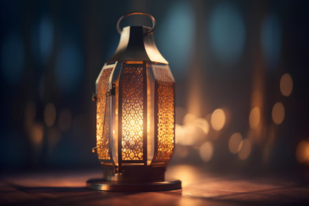 Traditional Arabic lantern on wooden table. Ramadan Kareem background. Selective focus.の素材