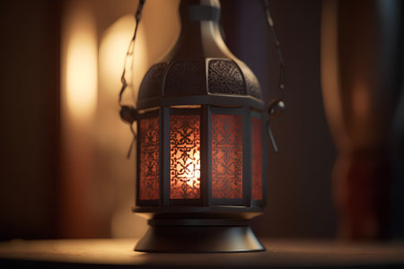 Lantern with Arabic pattern. Ramadan Kareem background. Selective focus.の素材