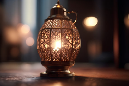 Lantern on the table in the restaurant. Selective focusの素材