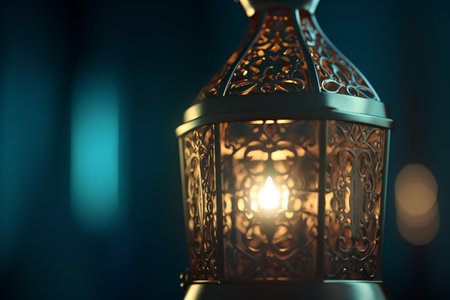 Lantern with burning candle on blurred background. Ramadan Kareem conceptの素材