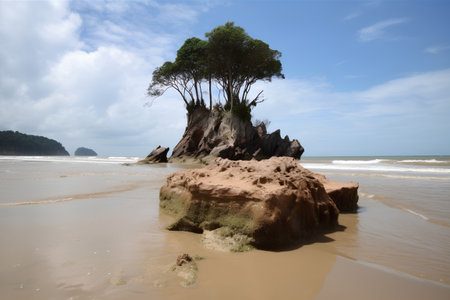 Lonely tree on a sand beach at low tide, Thailandの素材