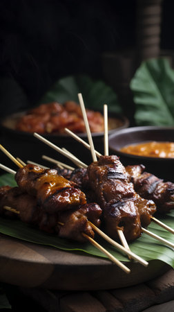 grilled pork satay on skewers, malaysian foodの素材