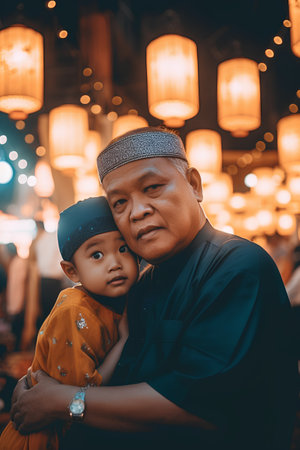 Portrait of Asian muslim father and son in traditional clothes.の素材