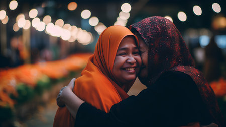 Portrait of happy muslim couple embracing each other at night in the cityの素材