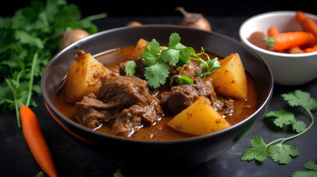 Beef stew with potatoes and carrots in a bowl on a black backgroundの素材