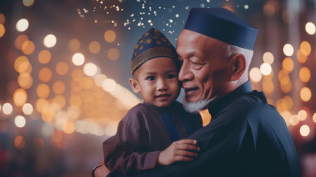 Portrait of an asian grandfather and his grandson in a mosqueの素材