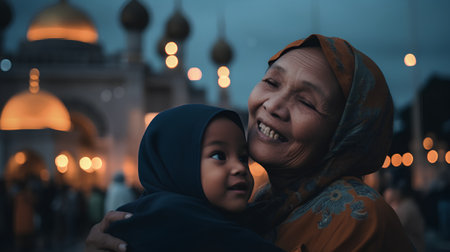 Portrait of happy asian muslim mother and her little daughter at nightの素材