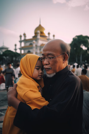 Unidentified asian muslim man and his little daughter in the streets of Kolkata.の素材