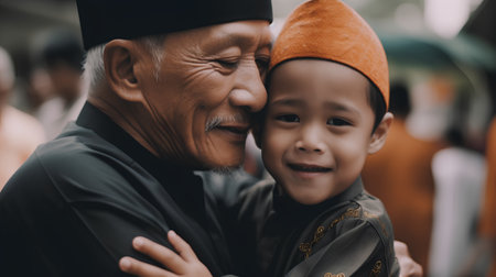 Asian grandfather with his grandson at a religious ceremony in the park.の素材