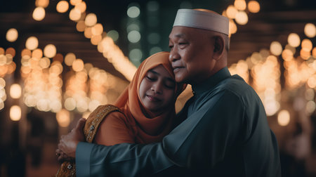 muslim couple praying at the mosque in the evening. Muslim family conceptの素材