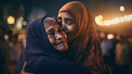 Old Muslim woman with her sick daughter at night in the city.の素材