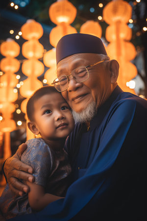 Grandfather and grandson in the streets of Chiang Mai, Thailandの素材
