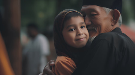 Muslim man and his daughter in the park. Selective focus.の素材