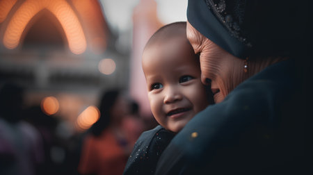 Muslim mother with her baby in the mosque. Muslim family concept.の素材