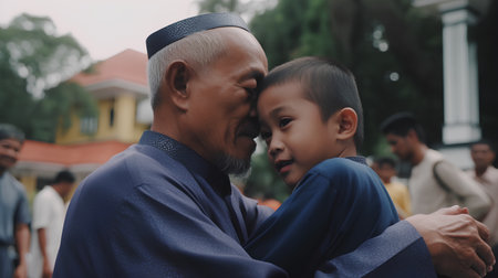Asian grandfather kissing his grandson in the park. Concept of love and family.の素材