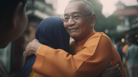 Asian senior man and woman hug each other in the city. Concept of love and togetherness.の素材