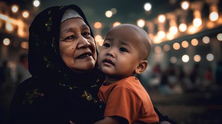 Portrait of an old muslim woman with her son in the streetの素材