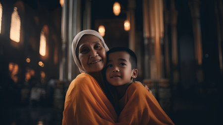 Muslim woman with her son in the mosque. Muslim family concept.の素材