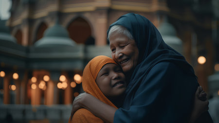 Portrait of happy muslim mother and daughter hugging each other in the mosqueの素材