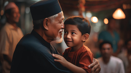Happy asian muslim father and son praying together in the mosqueの素材