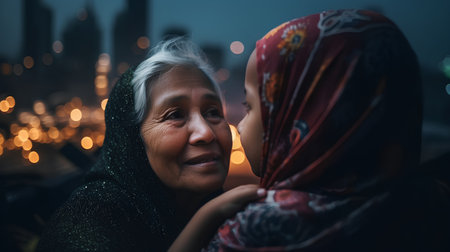 Close up portrait of an older muslim woman with her daughter at nightの素材