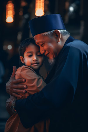 Muslim father with his son in the mosque. Muslim family concept.の素材