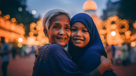 Indian mother and daughter on the street at night. Indian family.の素材