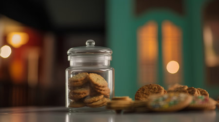 Glass jar with cookies on the table in front of a blurred backgroundの素材
