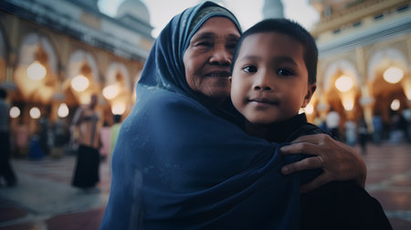 Muslim boy and his grandmother in the mosque. Ramadan Kareem.の素材